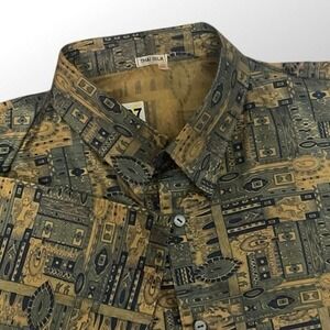 VTG Thai Silk Ethnic Geometric Print Beige/Green ButtonUp Shirt Men 2XL Thailand